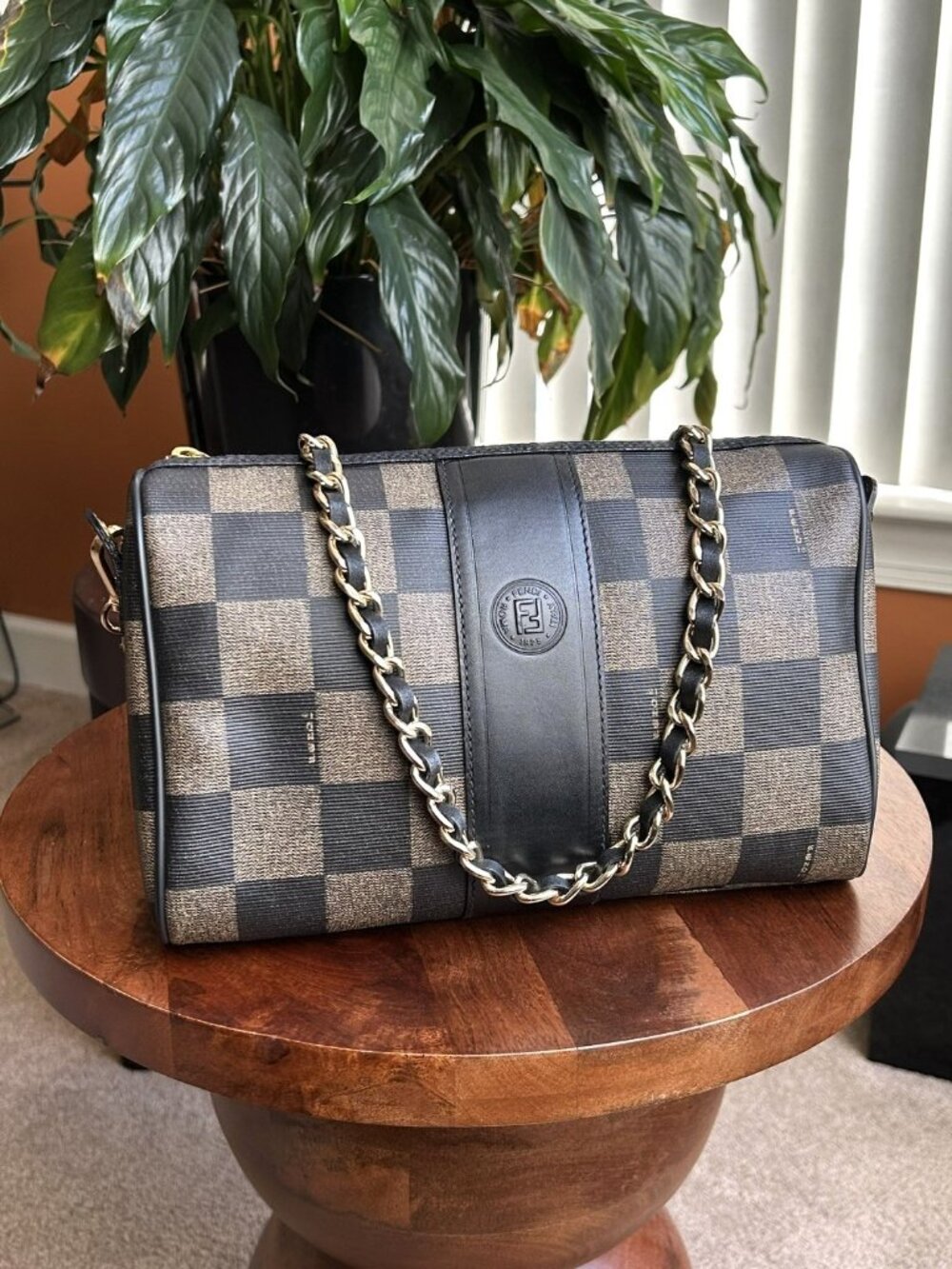 FENDI Pequin Check Shoulder Bag, Tobacco and Black